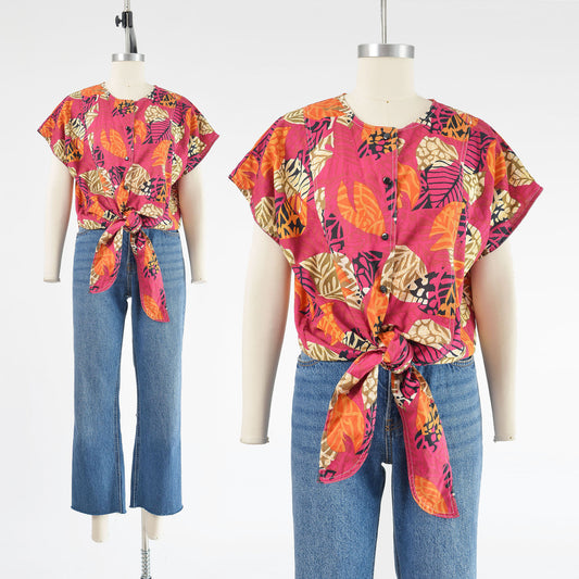 vintage 90s pink leaf print cotton tie waist shirt. 