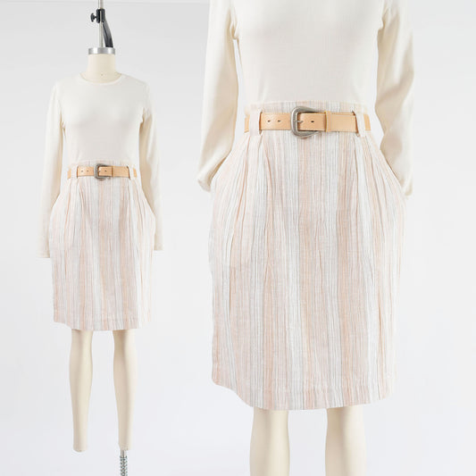 Vintage 1990s white striped pencil skirt with belt. 