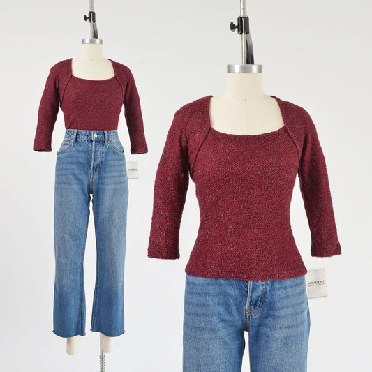 Vintage y2k burgundy fuzzy knit shrug top. 