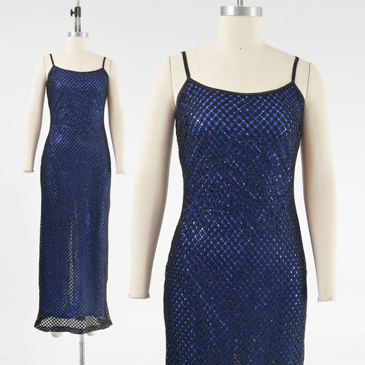 Vintage 90s Y2K Sheer Fishnet Black Blue Sequin Spaghetti Strap Maxi Dress 
