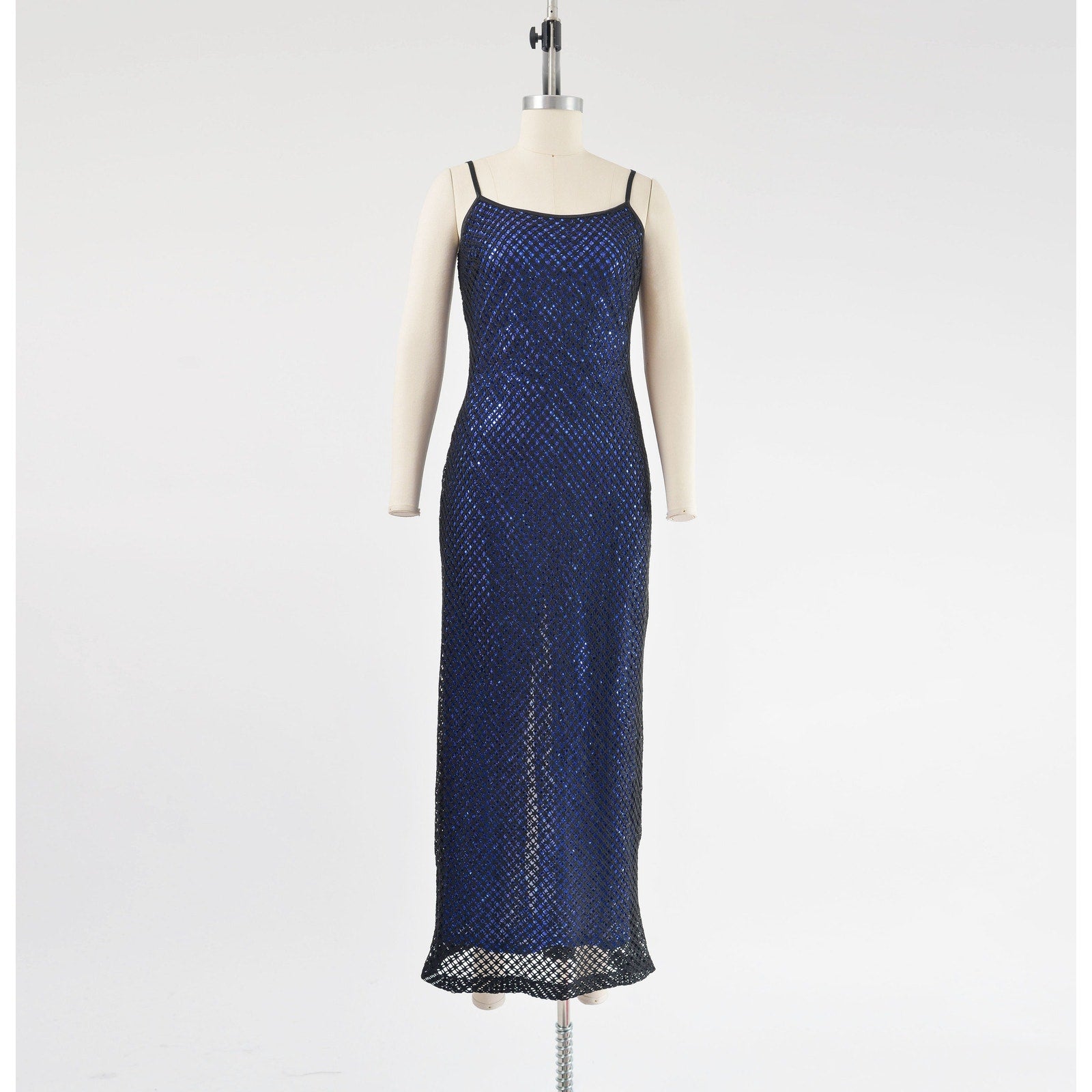 Vintage 90s Y2K Sheer Fishnet Black Blue Sequin Spaghetti Strap Maxi Dress 