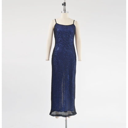 Vintage 90s Y2K Sheer Fishnet Black Blue Sequin Spaghetti Strap Maxi Dress 
