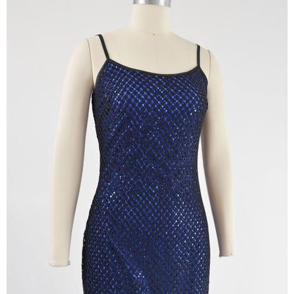 Vintage 90s Y2K Sheer Fishnet Black Blue Sequin Spaghetti Strap Maxi Dress 