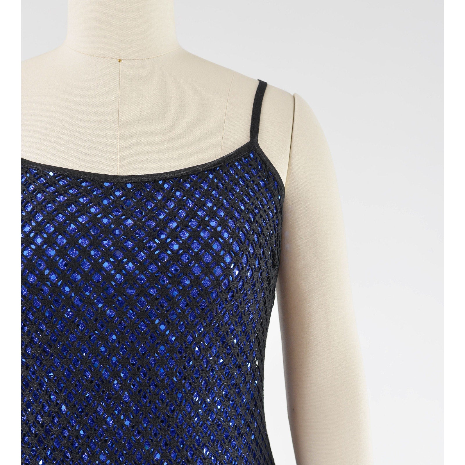 Vintage 90s Y2K Sheer Fishnet Black Blue Sequin Spaghetti Strap Maxi Dress 