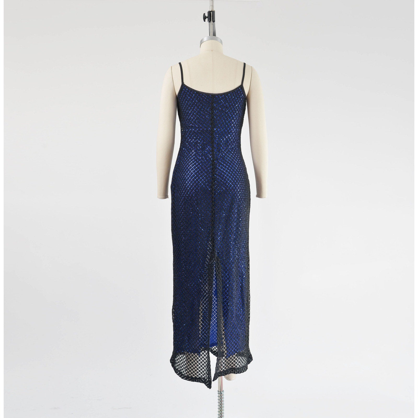 Vintage 90s Y2K Sheer Fishnet Black Blue Sequin Spaghetti Strap Maxi Dress 