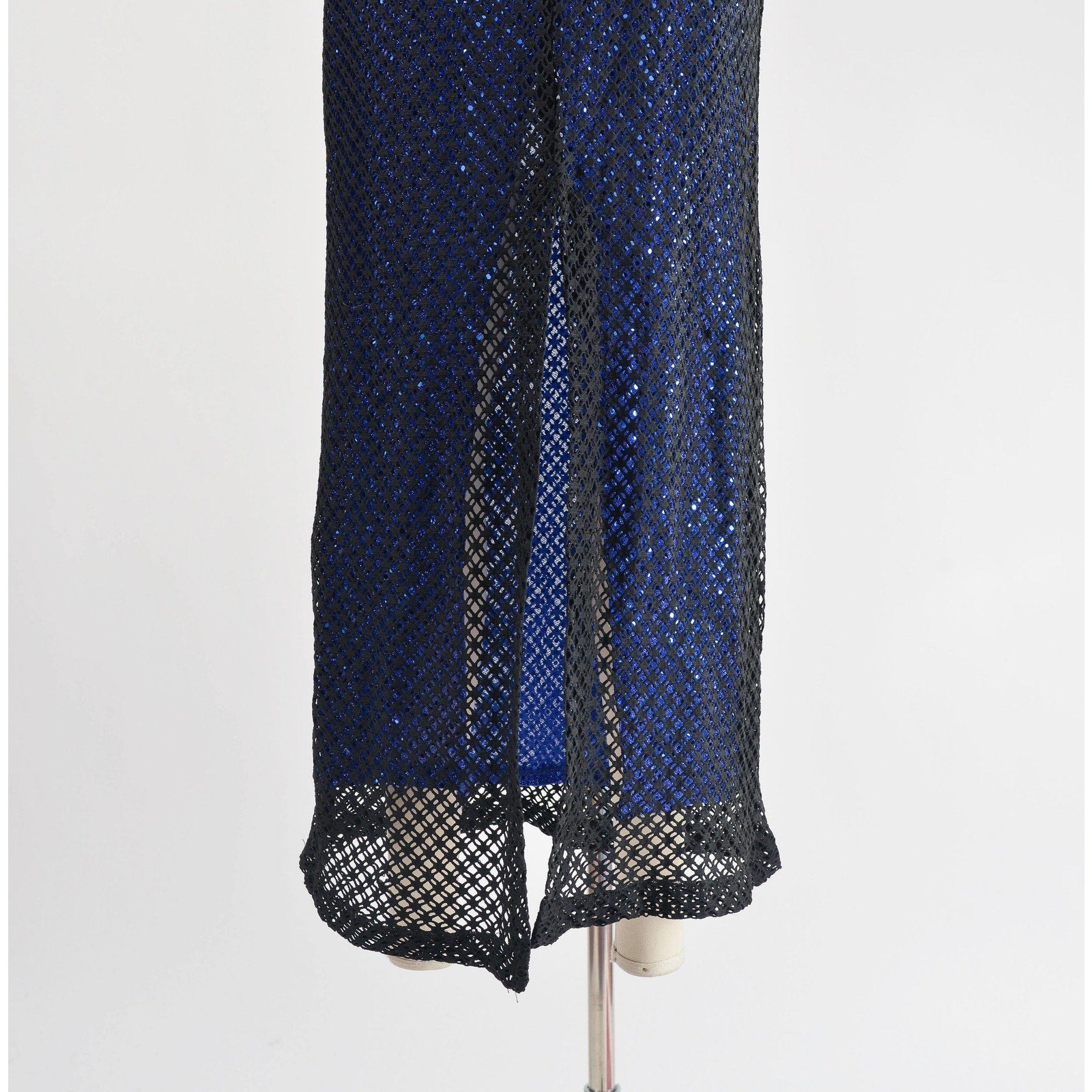 Vintage 90s Y2K Sheer Fishnet Black Blue Sequin Spaghetti Strap Maxi Dress 
